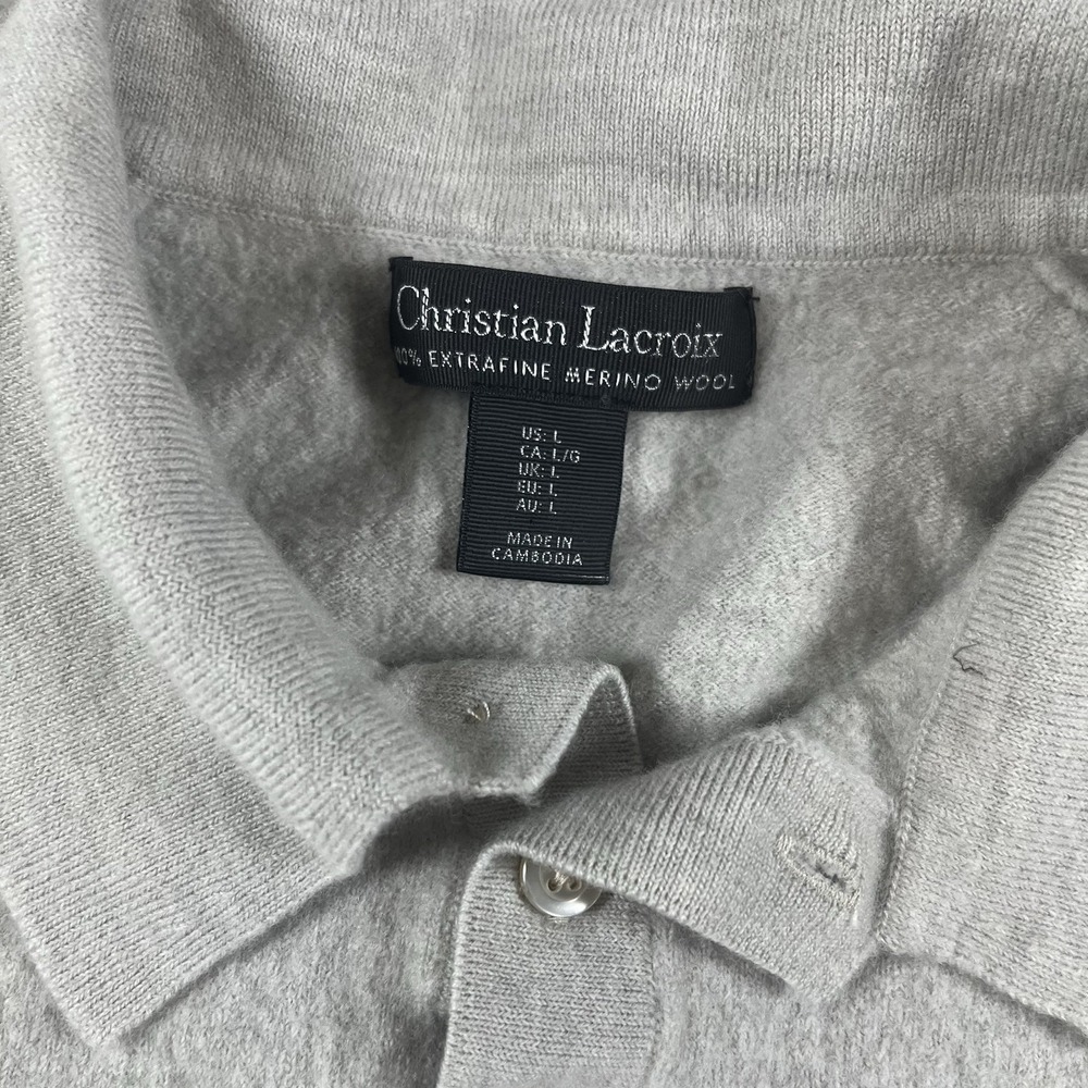 Christian Lacroix Merino Wool Polo Sweater Gray Knit Long‎ Sleeve Large - Picture 3 of 8